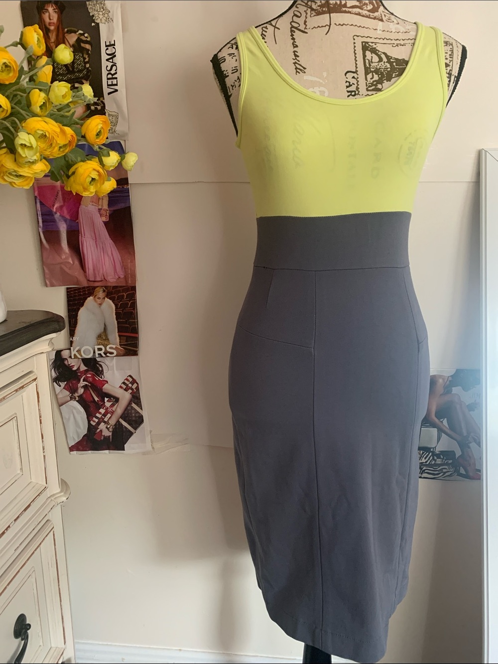 Theory neon green and Gray Two-Tone Pencil Skirt Dress